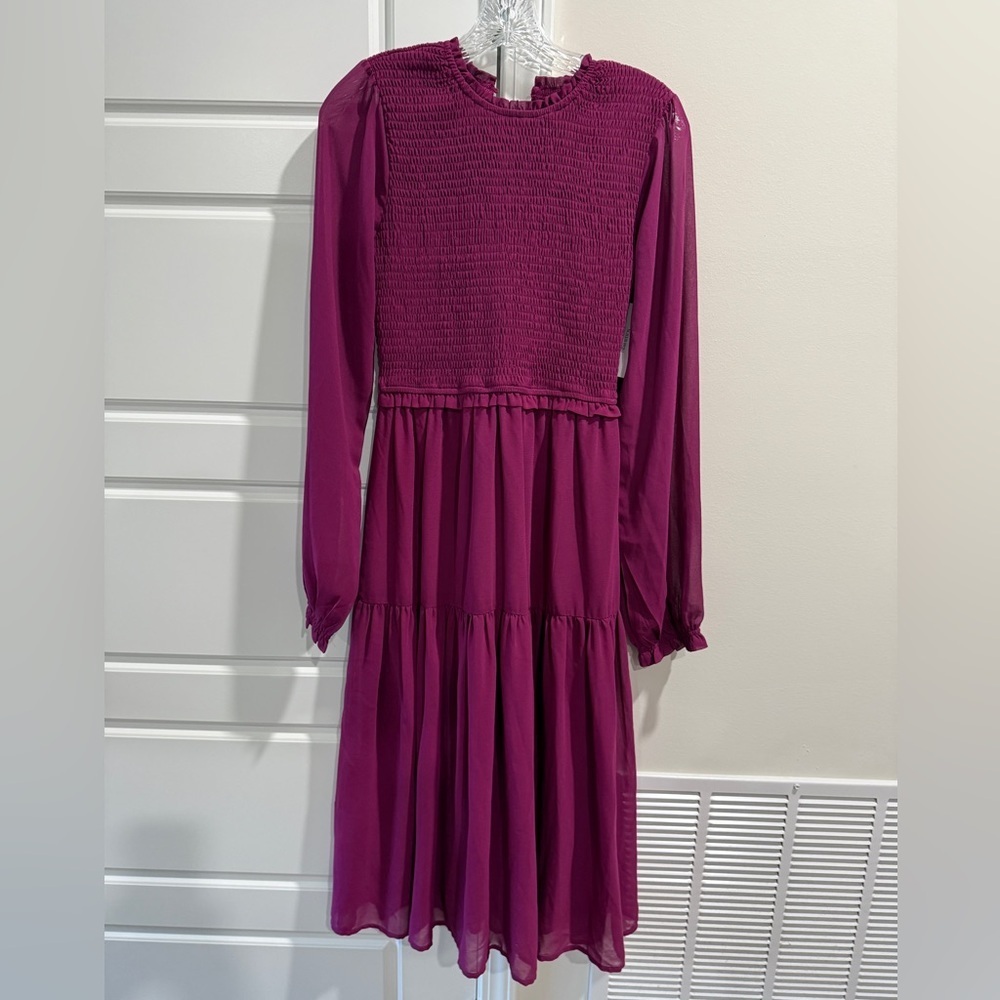 Magenta Smocked Bodice Long Sleeve Tiered Midi Autumn Wedding Dress Guest Size M